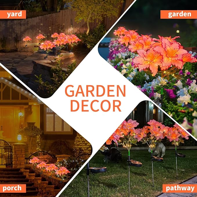 Neporal Solar Flowers Outdoor Waterproof Rhododendron Garden Solar Lights Decorative 4PK 7-Stem 2 Decor Lighting Modes Solar Powered Garden Decor Solar Yard Decor (Pink)