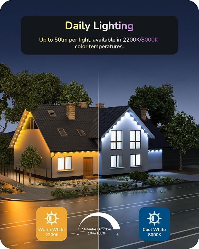 EDISHINE 60ft Permanent Outdoor Lights 40 LED Eave Light with App/Remote Smart Rainbow RGBW Holiday Light with 50 Scene Modes IP67 Waterproof for House Compatible with Alexa Google Assistant