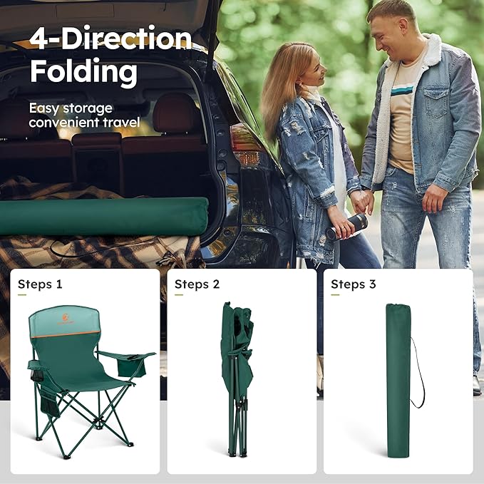 ALPHA CAMP Camping Chair 2 Pack Portable Chair with 3-Can Cooler Folding Chair with Side Pocket and Cup Holder Collapsible for Camping Tailgates Beach Fishing and Sports2PC