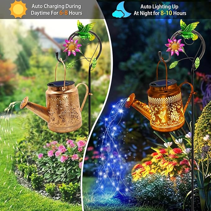Solar Lights Outdoor Garden Decor Hummingbird Hanging Watering Can Landscape Lights Waterproof Outside Decorations for Yard Front Porch Patio Backyard Gardening Gift for Mom Grandma Women Birthday