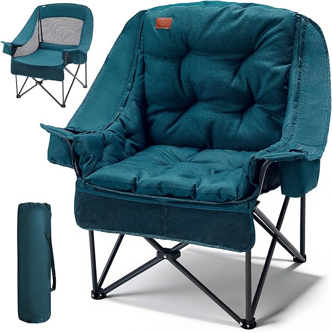 EVER ADVANCED XL Camping Chair with Detachable Cushion Mesh Chair for Adults Foldable Oversized Heavy Duty Folding Chair with Cooler Mesh Pocket Cupholder Outdoor Fishing Supports 400LBS Green