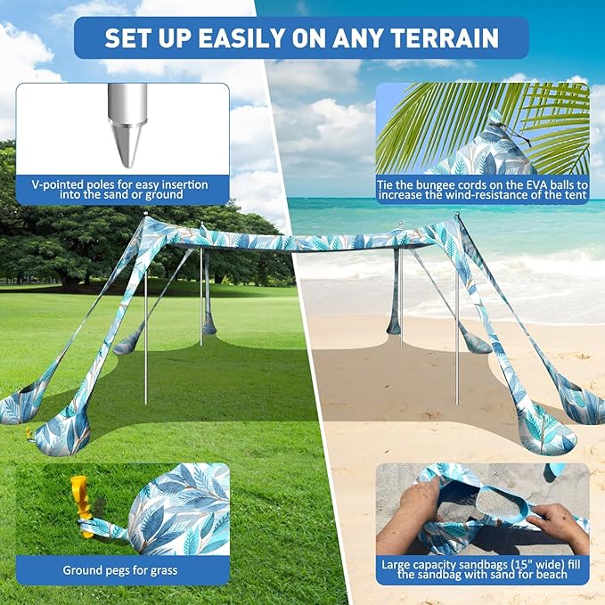 Beach Tent Sun Shelter 10x10ft Beach Canopy Easy Pop Up Sun Shade Portable UPF50+ with 8 Sandbags-2 Sand Shovel-4 Aluminum Poles-Ground Pegs for Outdoor Family Camping Fishing Backyard Picnic