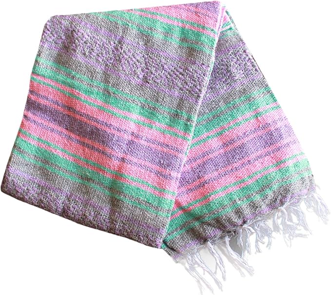 Del Mex Classic Mexican Blanket Large Authentic Woven Falsa Throw (70x50) Artisan Southwest Décor for Beach Yoga Outdoors (Mint/Pink/Gray)