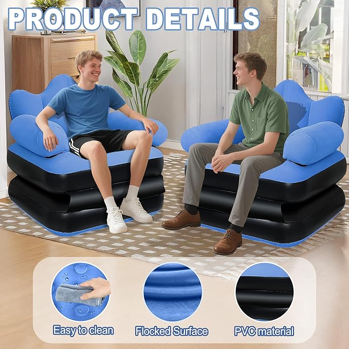 SeaSlep Blow Up Pull Out Couch with HeadboardInflatable Couch with Flocked SurfaceFolding Inflatable Chair for AdultsPortable Air Sofa BedDurable Air CouchesInflatables couches for Camping-1pc