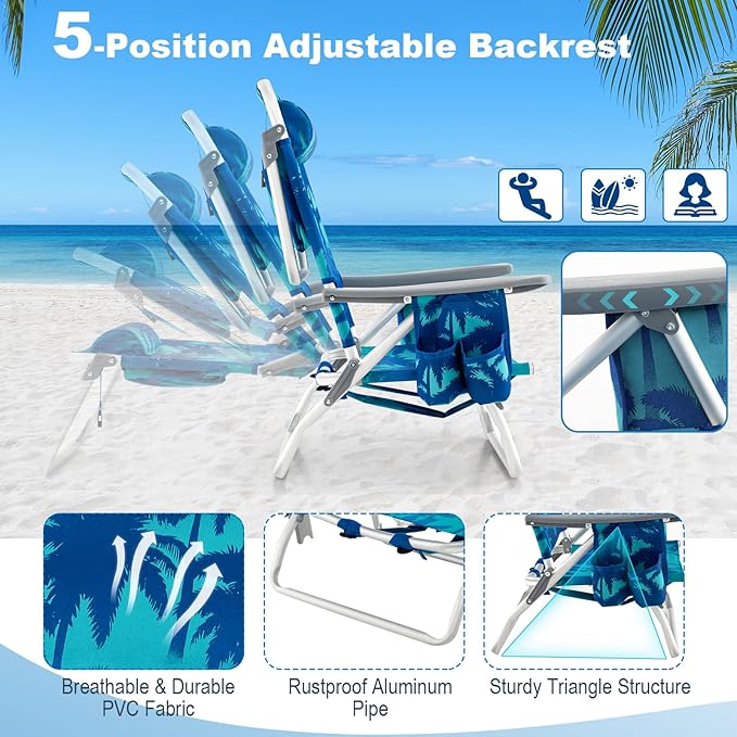 Giantex Folding Beach Chair Patio Sling Chairs with 5 Adjustable Position Head Pillow Storage Bag Towel Bar Cup Holders Backpack Chairs for Sunbathing Camping Chair