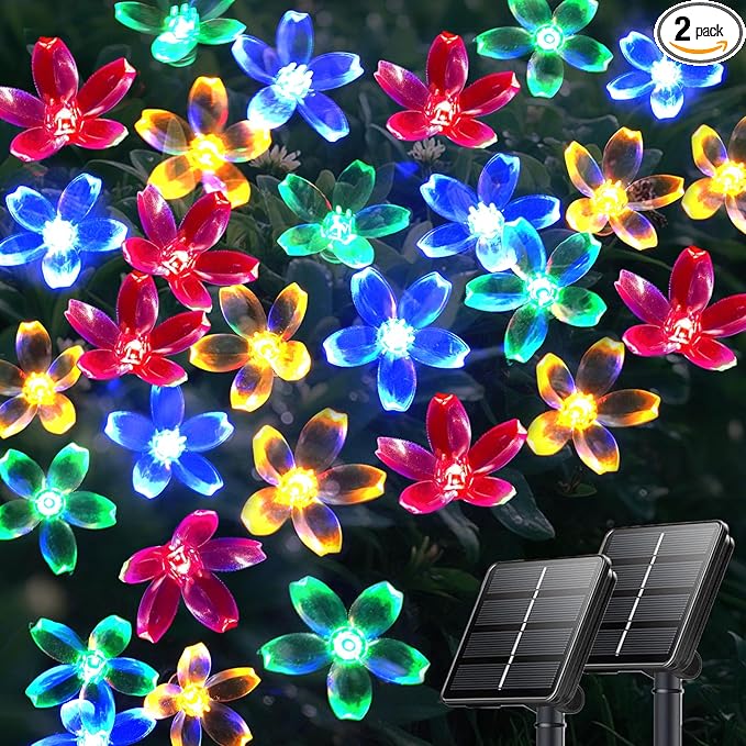 2PK 80LED 50FT Flower Solar String Lights Outdoor Waterproof Cherry Blossoms Multicolor Lights with 8 Lighting Modes Garden Decor for Outside Pathway Light for Fence Patio Yard