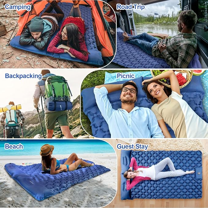 Night Cat Inflatable Double Sleeping Pad Mat Bed with Foot Pump and Double Pillow for Camping Backpacking Hiking Ultra-Light Compact Comfortable 77x 47