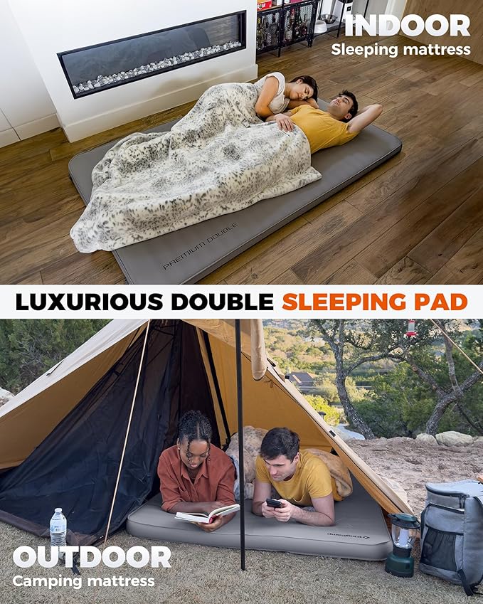 KingCamp Self Inflating Sleeping Pad R 7.9 Air &amp Foam Camping Mattress 2 Person 3 Thick Full Size Double Sleeping Pad with Pillow for Camp Tent Outdoor Car PVC Free (Grey)