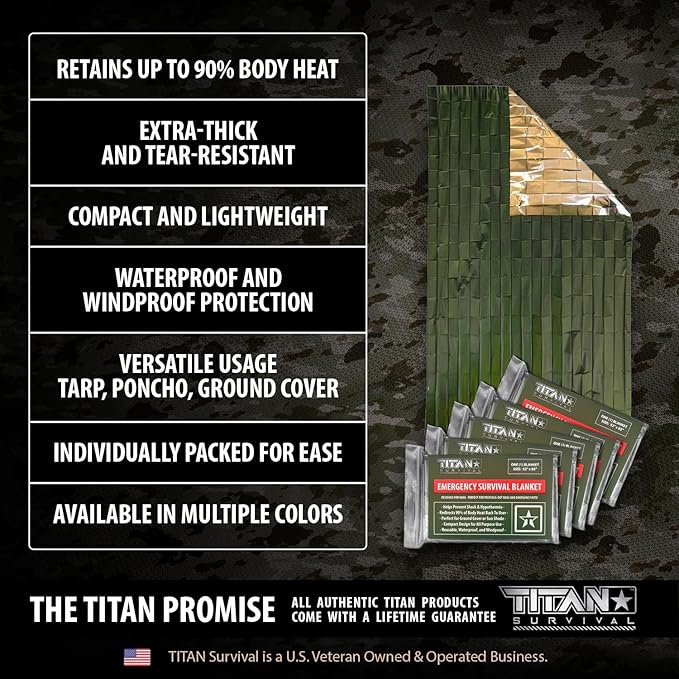 TITAN Survival Premium Mylar Survival Blankets (5 Pack) Thermal Emergency Survival Blanket for Camping Hunting Hiking - 90% Heat Retention &amp Waterproof - Portable Space Blanket w/Size Options
