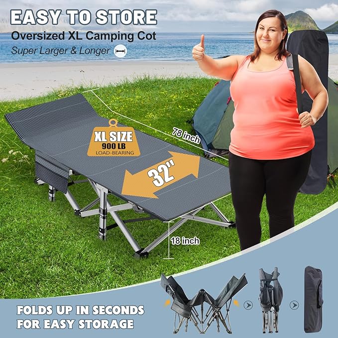 XXL Oversized Camping Cot for Adults - Portable Sleeping Bed with Mattress &amp Carry Bag for Outdoor Travel Hiking Beach and Camping - Comfortable &amp Durable