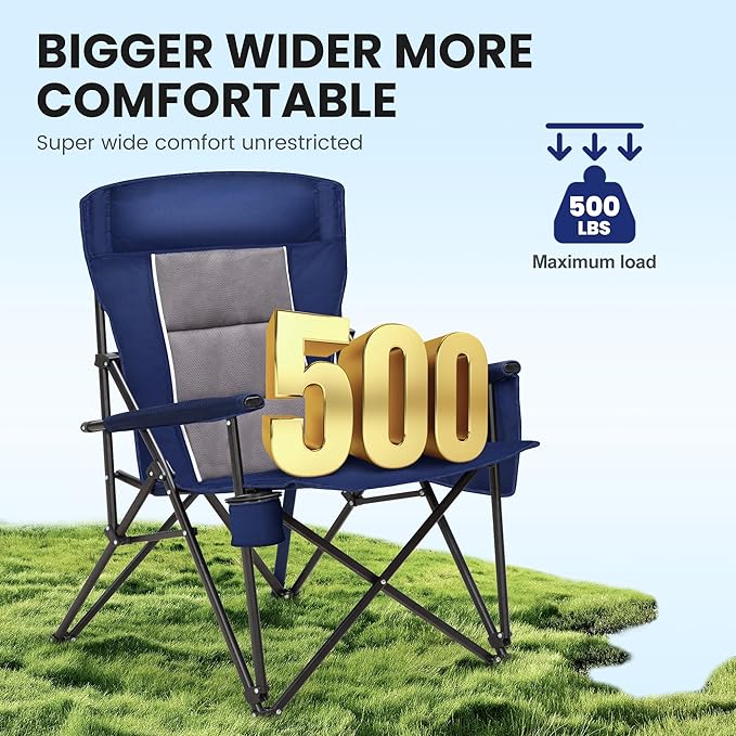 HIGH POINT SPORTS Oversized Camping Chairs for Adults High Back Heavy Duty Lawn Folding Chair Support 500LBS Padded Portable Outdoor Chair with Cup Holder Blue