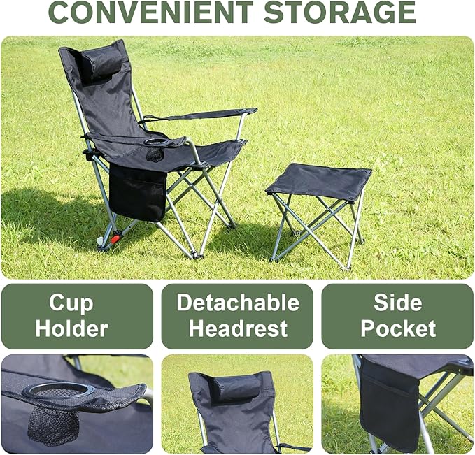 Portable Camping Chair with Footrest Folding Lounge Chair Reclining Chair for Outside with Cup Holder Side Pocket and Pillow Heavy Duty Collapsible Chair for SportsOutdoors &amp Lawns