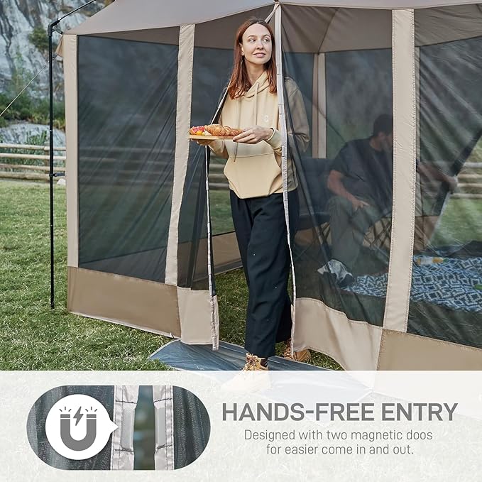 EVER ADVANCED Magnetic Screen House Room 11x9ft Hands-Free EntryScreenhouse with Sun Protection for Camping&ampPicnic 11x9ftCamping Tent Canopy Shelter with Mesh Brown
