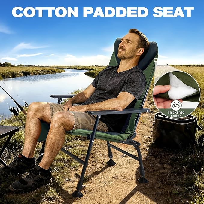 X Strike Oversized Folding Fishing Chair with Rod Holder Heavy Duty 350LBS Feet Adjustable Padded Camping Chair with Cup Holder Side Pocket Hard Armrest