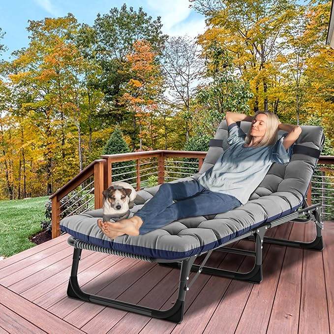 LILYPELLE Portable Folding Camping Cot Adjustable 5-Position Adults Reclining Folding Chaise with Pillow Outdoor Portable Folding Lounge Chair Sleeping Cots Bed for Camping Pool Beach Patio