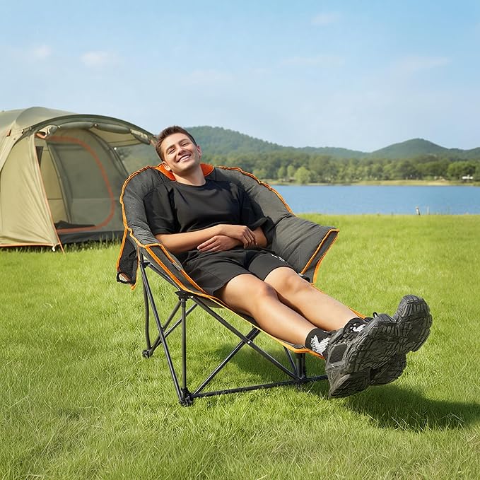 OUTDOOR LIVING SUNTIME Oversized Padded Comfy Camping Chair with Removable FootrestWeight Capacity 400LBS Heavy Duty Moon Round Leisure Folding Chair for Camping Hiking Carry Bag Orange