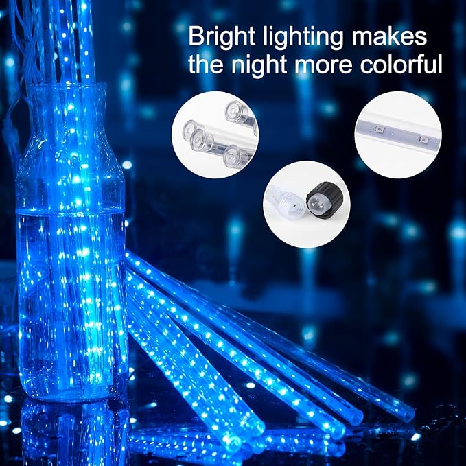 Brightown Meteor Shower Lights Outdoor 16 Inches 20 Tubes 720 LED Icicle Lights Waterproof Meteor Christmas Light Hanging Falling Rain Light for Tree Bushes Holiday Party Christmas Decor Blue
