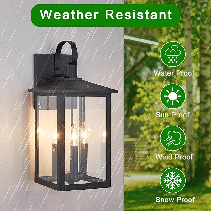 3-Light 9 inches Wide 20.5 inches High Large Wall Lantern Light with Textured Black Finish and Clear Glass New Traditional Outdoor Wall Lights for a Porch Patio Garage Barn Foyer