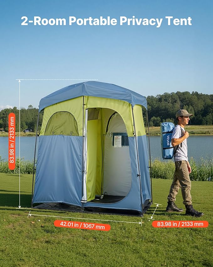 VEVOR Camping Shower Tent 2-Room Portable Privacy Tent Changing Room with Shower Bag Ground Stakes Ropes Carry Bag and Support Poles 150D Oxford Fabric with Silver Coating for Camping Fishing