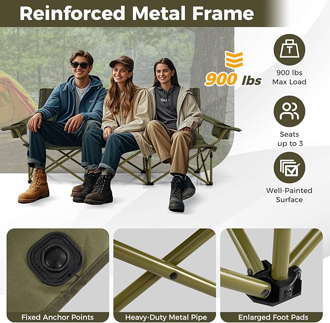 Tangkula 3 Person Oversized Camping Chair Fully Padded Folding Camp Chair with Adjustable Armrests Cup Holders Carrying Bag Portable Outdoor Lawn Chair for Camping Support 900LBS