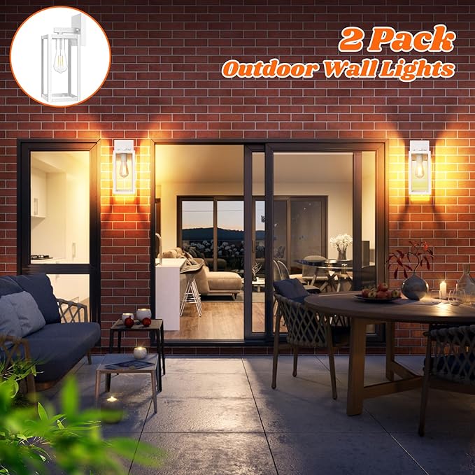 Brightever 2-Pack Outdoor Wall Light Fixtures Waterproof Anti-Rust Outside Wall Sconce Lantern with Clear Glass Exterior Front Porch Lights for House Garage Doorway Bulbs Not Included White