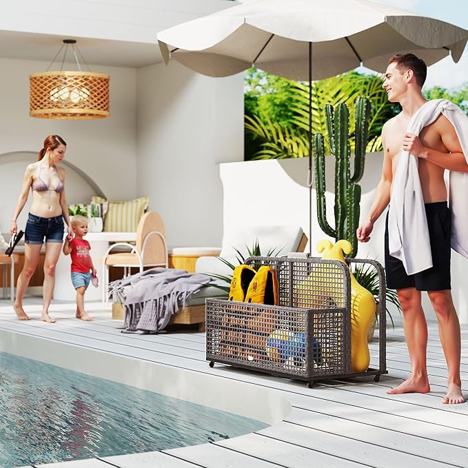 Pool Float Transport Caddy 43.25 Lx22.5 Wx28 H – PE Rattan Basket + Structural Steel FFor rame 4-Wheel Lock System Light Gray