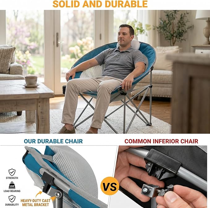 #WEJOY Folding Camping Chair Oversized Moon Chairs for Adult Support Up to 300lbs Mesh Saucer Chairs with Headrest and Cup Holder for CampingLawnHikingPicnicSports(Cyan/Grey)