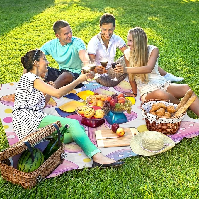 Waterproof Sandproof Beach Blanket 59''×68'' Dream Mushrooms Polyester Outdoor Picnic Blanket with 4 Stakes &amp Storage Bag for BeachCampingVacation White