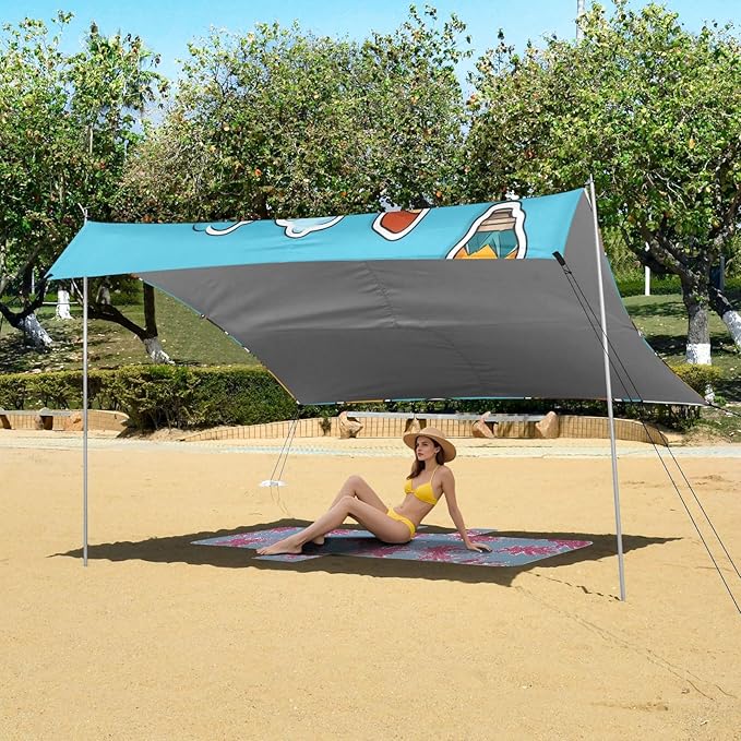 ALAZA Travel Sticker Beach Tent Sun Shelter UPF50+ Protection Beach Shade Canopy w/ 4 Sandbags for Outdoor Camping Fishing Backyard Fun Picnic 10x9 ft
