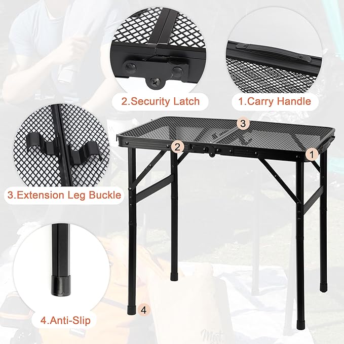 Camping Table with Mesh Desktop Lightweight &amp Portable Small Folding Grill Table Height Adjustable Metal Outdoor Table for Camp Cooking BBQ RV Picnic-2 FT Black