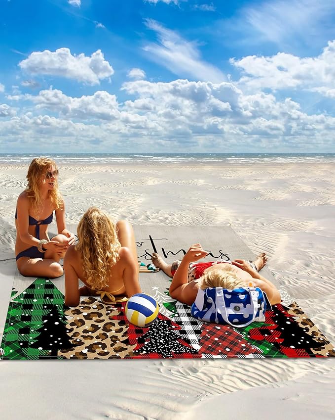 Beach Blanket Waterproof Sandproof Christmas Tree Red Black Buffalo Plaid Quick Drying Beach Mat with 4 Stakes Watercolor Leopard Xmas Trees Lightweight Picnic Blanket for Travel Camping 108x84
