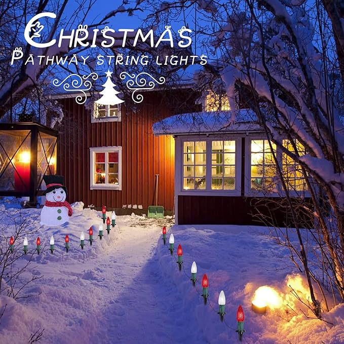 C9 LED Christmas Lights Outdoor with Stakes 25.7 Feet 20 LED C9 Strawberry String Lights Connectable Shatterproof Pathway Lights Marker for Path Lane Patio Xmas Holiday Decorations Red and White