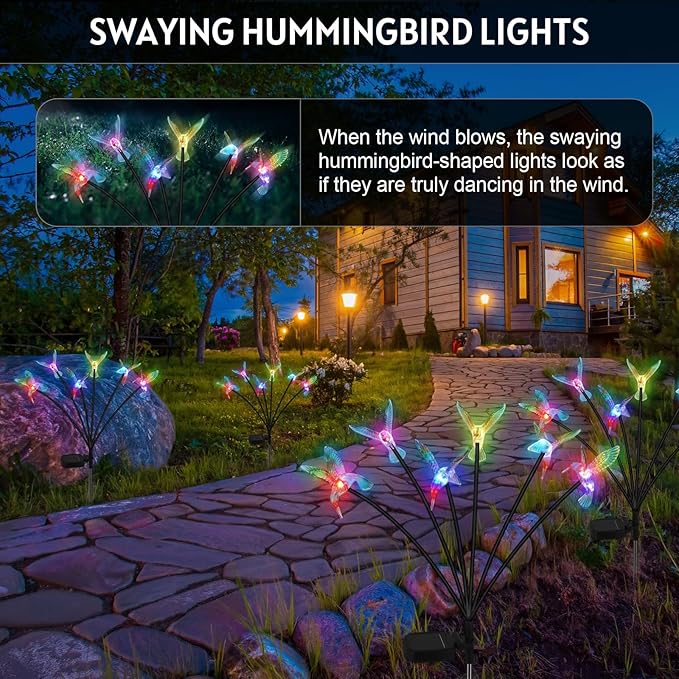 4 Pack Solar Hummingbird Lights Outdoor Garden 6 Head Solar Swaying Pathway Stake Lights Waterproof for Yard Lawn Patio Walkway Landscape Decor