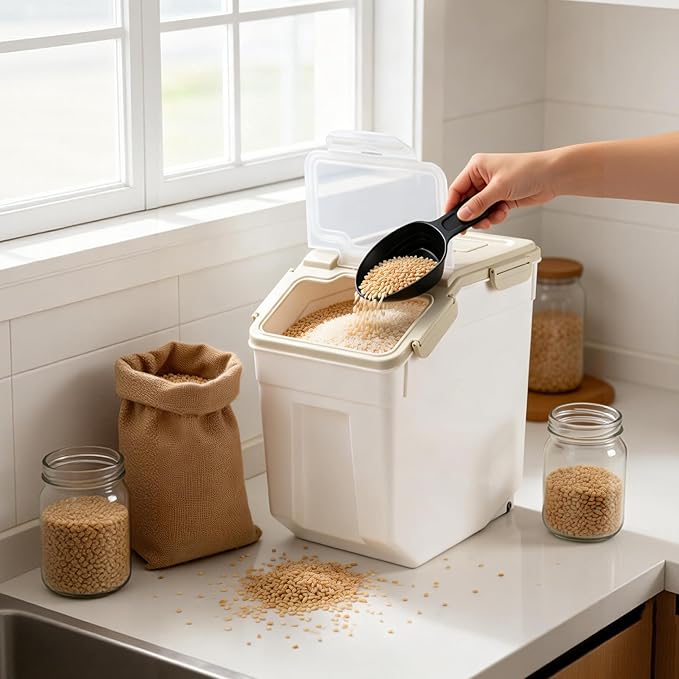 Large Flour Storage Container Bin 25lb 2Pack Airtight Rice Storage Containers with Wheels Seal Locking Lid BPA Free with Measuring Cup&ampScoop for Flour Rice Grain(Gray)