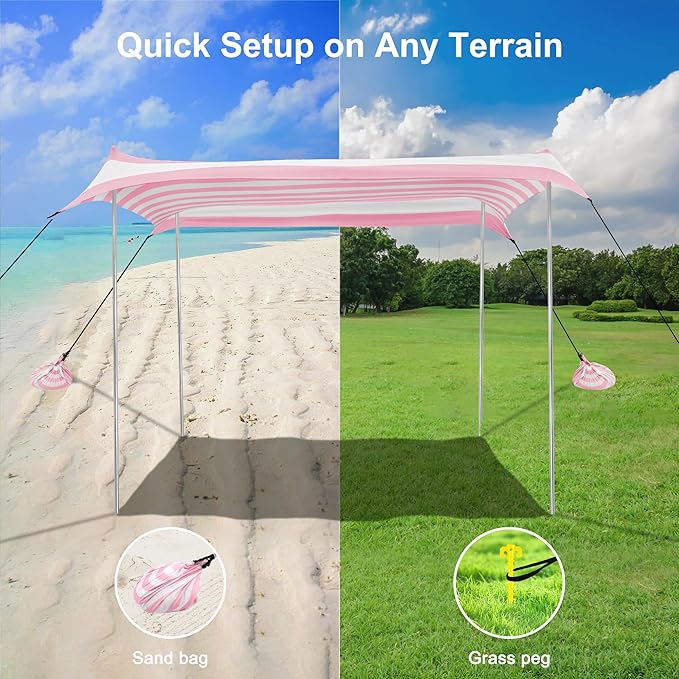 Beach Tent Canopy UPF 50+ UV Protection Beach Sun Shade Portable 10×10 FT Large Pop-Up Tent Sun Shelter with Sand Anchors Ground Pegs Easy Setup for Camping Park and Backyard Fun-Pink Stripe