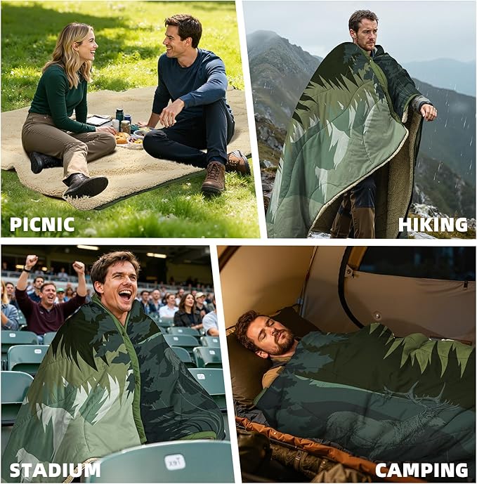 Outdoor Camping Blanket with Sherpa Lining Extra Warm Thick Camp Blankets and Puffy Ultralight Soft Poncho DWR Camping Quilt for Cold Weather Adventure Sleeping Backpacking 78x 56