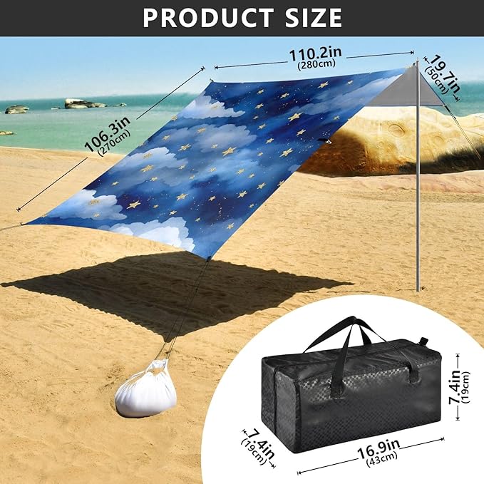 Bolaz Beach Canopy Tent Sun Shade9'×10.5' Large Family Beach Shade UPF50+- Outdoor Shade for Camping Trips FishingBlue White Watercolor Stars Pattern