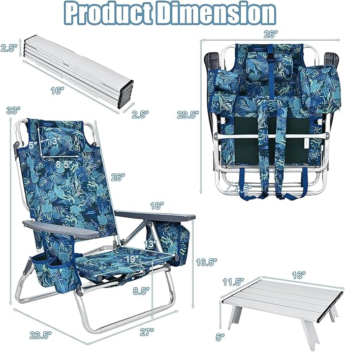 COSTWAY Backpack Beach Chairs Set 3-Piece Portable Camping Chairs with Cup Holder Ice Bag 5-Position Outdoor Reclining Chairs for Adults Travel Sunbathing Support 300 LBS Navy