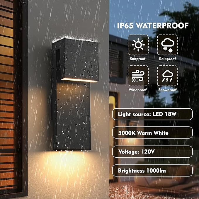 Modern LED Outdoor Wall Sconce 3000K 18W IP65 Waterproof Integrated LED Outdoor Wall Lights Anti Rust Black Porch Lights Exterior Lighting Outside Lights Fixture for GarageBalconyBackyard (1PACK)