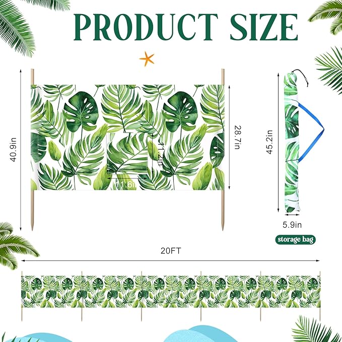 20ft Palm Beach Windscreen Set Long Privacy Screen with 6 Hardwood Poles Rubber Mallet and Carry Bag Portable Beach Fence Wind Blocker for Summer Outdoor Sand Wind Protection