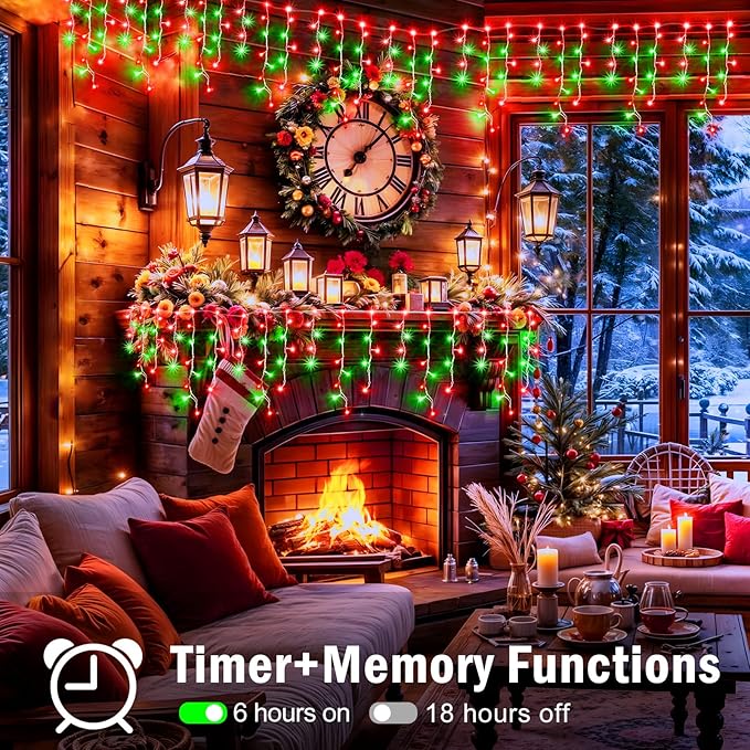 XURISEN 132ft Christmas Lights Decorations Outdoor 1280 LED 8 Modes Fairy Lights with 240 DropsPlug in Waterproof Timer Memory Function for Christmas Holiday Wedding Party Decorations(Red+Green)