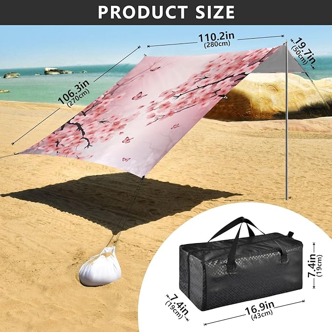 Pink with Butterflies Beach Tent Sun Shelter 9.2' x 10.5' Beach Canopy with 4 Sandbags 4 Stability Poles Sand Shovels - Tent Canopy for Beach Camping Fishing Picnics