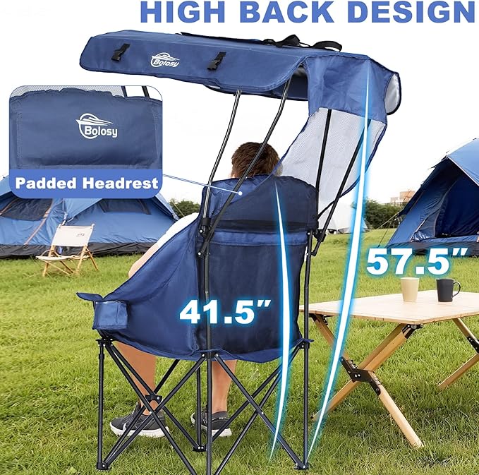 Camping Chair with Canopy Beach Chair with Canopy Shade Oversized Folding Canopy Chair for Camping Beach Picnics Fishing Sports - High Back Padded Headrest Cup Holder Pocket - Support 400 LBS