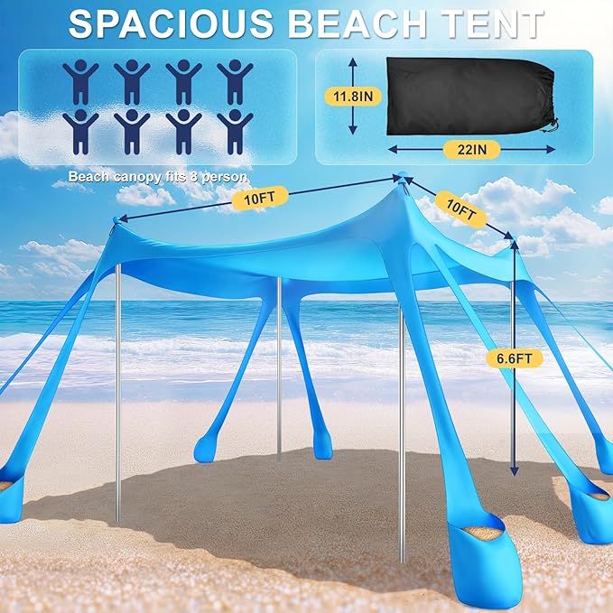 Beach Tent Sun Shelter UPF 50+10x10 FT Beach Canopy Tent Sun ShadePop Up Beach Canopy with 8 Sandbags Outdoor Beach Shade for Camping Trips Fishing Backyard Fun Picnics (Sky Blue)