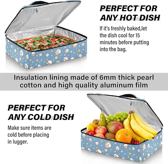 Casserole Carrier Baseballs and Stars PatternInsulated Casserole Carrier for Hot or Cold Food Thermal Lunch Tote for Potluck Parties Picnic Beach Fits 9 x 13 Inches Baking Dish