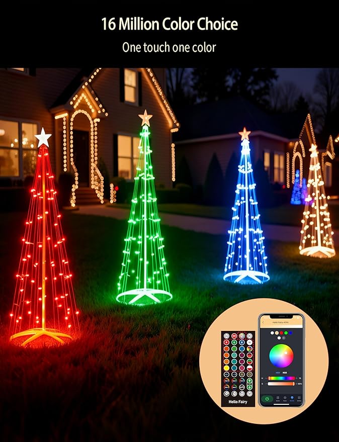 7ft Smart RGB Outside Christmas Tree Lights App Remote-Controlled C6 Shaped Christmas Light Cone Tree with Music Sync 57 Lighting Effects + DIY Mode Easy install Outdoor Xmas New Year Yard Decor
