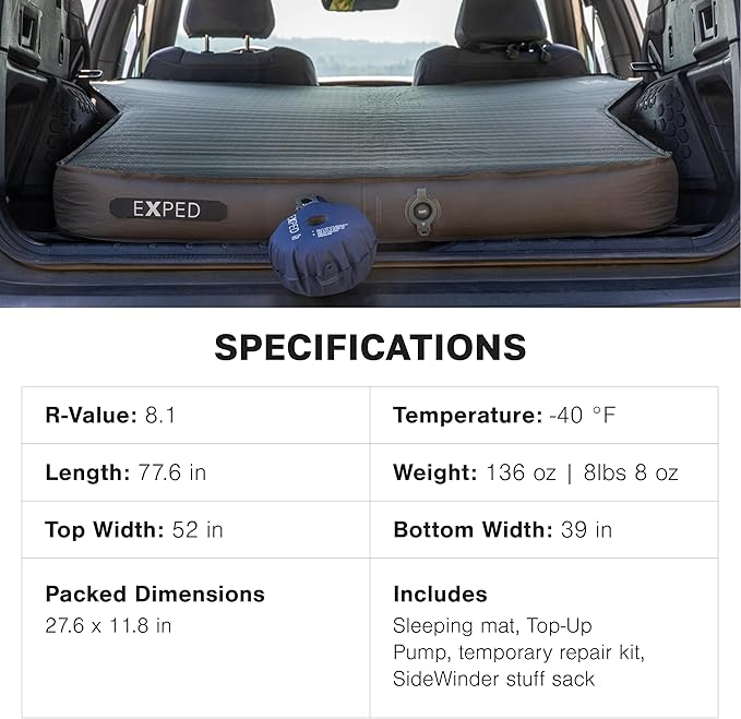 Exped MegaMat Auto - Self Inflating Soft Car Sleeping Mat 4” Foam Pad Wheel Cutouts Pump Included