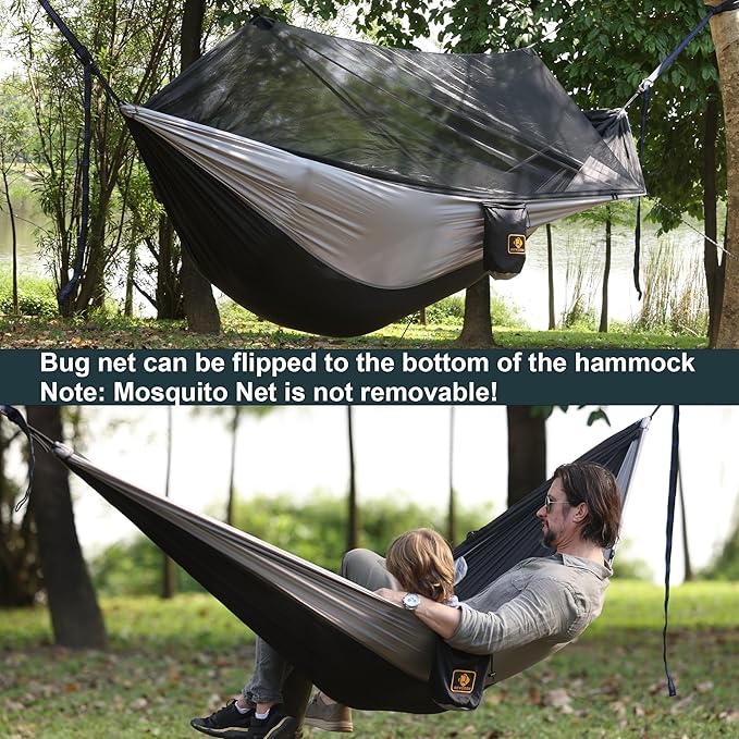 Camping Hammock with NetPortable Lightweight Double Hammocks with Tree Straps and Solid D-Shape CarabinersParachute Nylon Hammock for Backpacking Beach Backyard Patio Hiking Black&ampGrey