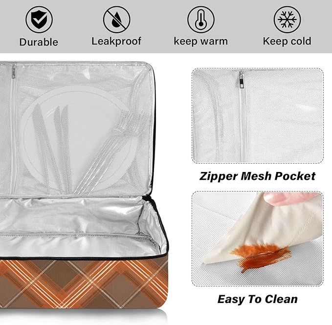 Casserole Carrier Brown Orange Tartan Insulated Casserole Carrier for Hot or Cold Food Thermal Lunch Tote for Parties Picnic Travel Carry Bag