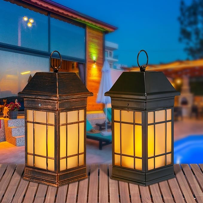 15.5 Solar Lantern Outdoor Waterproof Glass Flickering Flame Solar Lanterns Hanging Metal Lantern Decorative for Patio Front Porch Garden Backyard Tabletop Mothers Day Gifts Mom